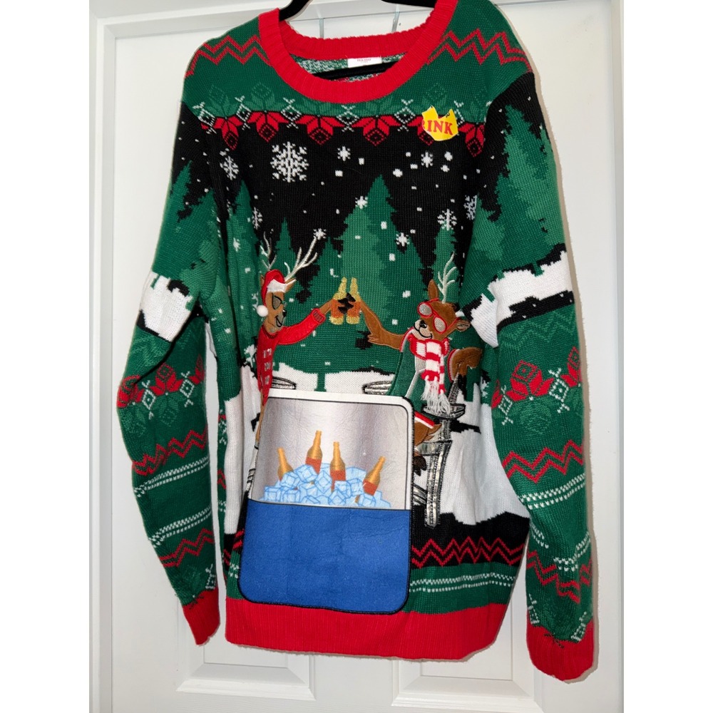Holiday Time Christmas Sweater Mens 2XL Green Up To Snow Good Reindeer NWOT